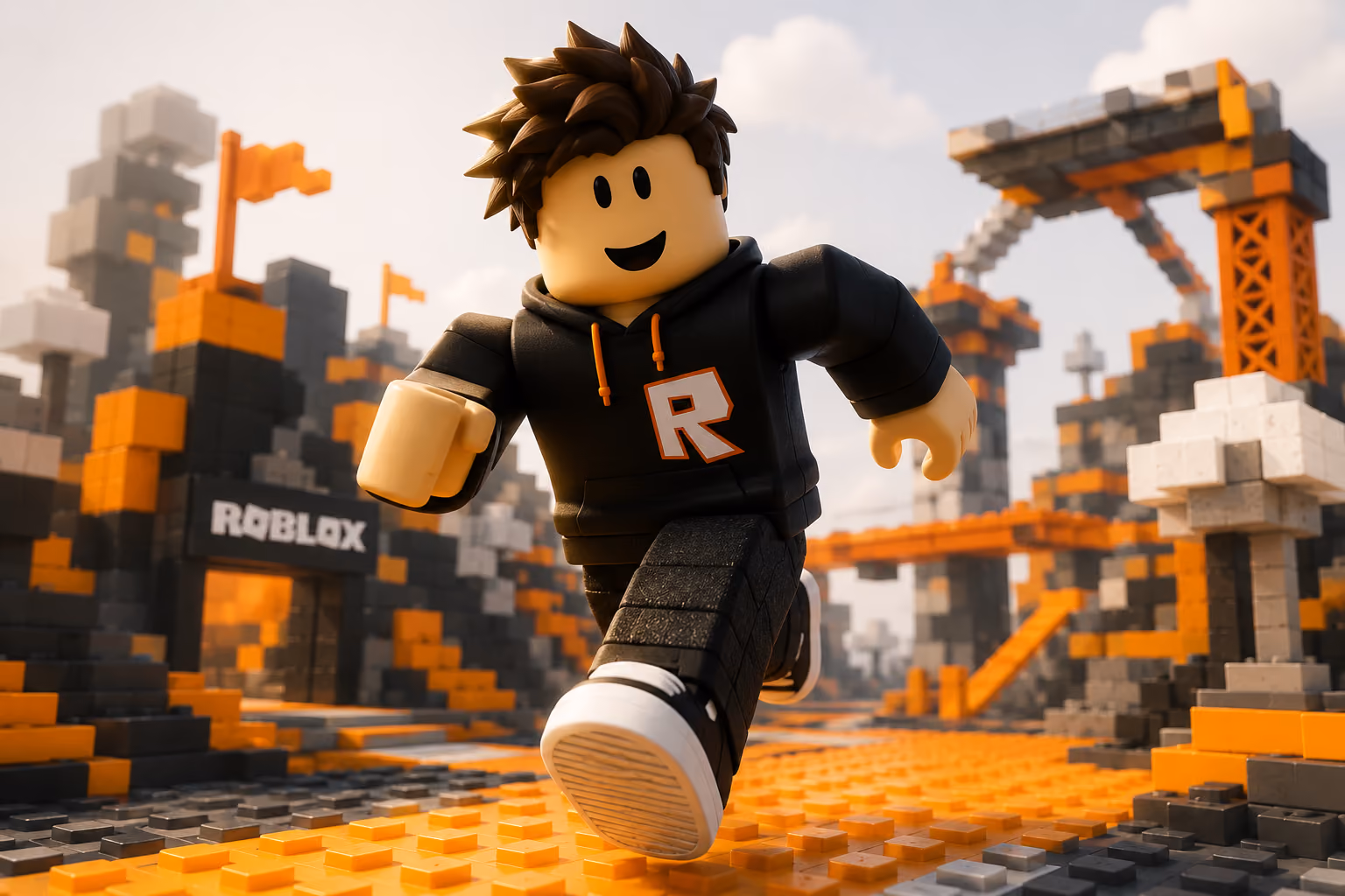Roblox character with spiky brown hair wearing a black hoodie with an orange 'R' running forward on a blocky, orange and gray terrain with Roblox-themed structures in the background.